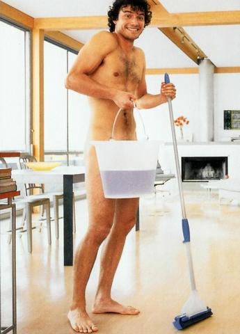 Naked men cleaning house