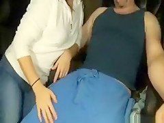 Masked brunette girl handjob and blowjob with cum swallowing on